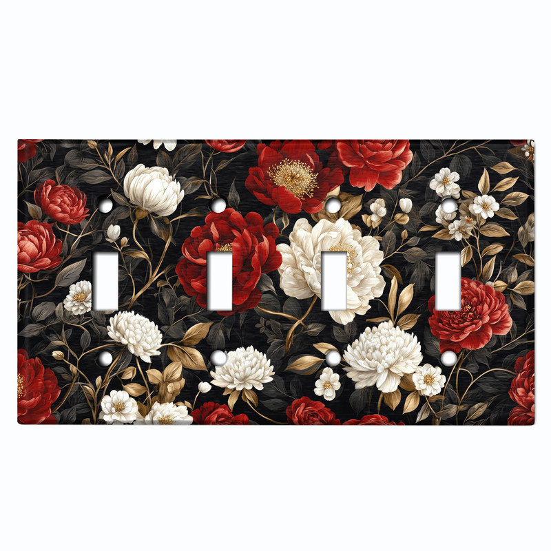 Couvercle de plaque d'interrupteur en métal; Bascule à 4 bandes US standard - Fleurs élégantes, # 4 Quad bascule