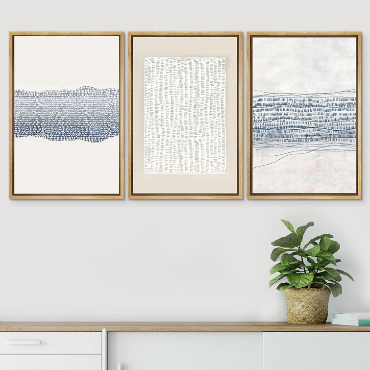 Blue White Grunge Geometric Pattern Abstract Shapes Cozy Neutral Framed On Canvas 3 Pieces Print