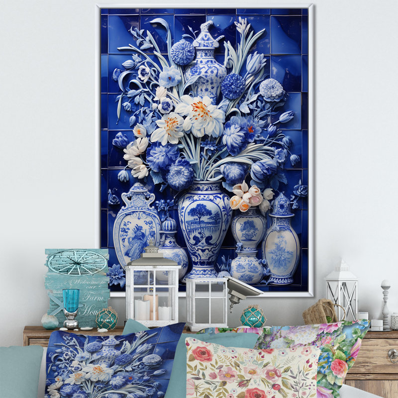 «Blue Boho Flower Pottery I» - art mural Boho, H 32 po x l 16 po x P 1 po, Cadre flottant blanc