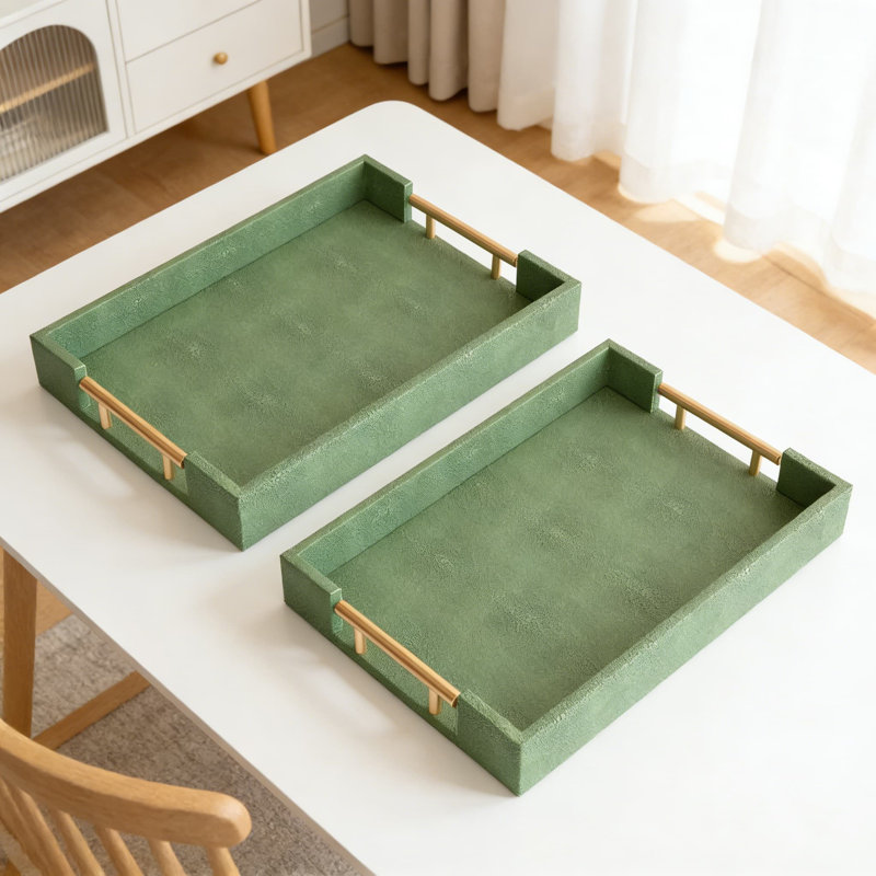 Decorative Tray Set Of 2 With Gold Handles, Modern Shagreen Leather Serving Trays For Coffee Table, Ottoman, Kitchen And Home Decor