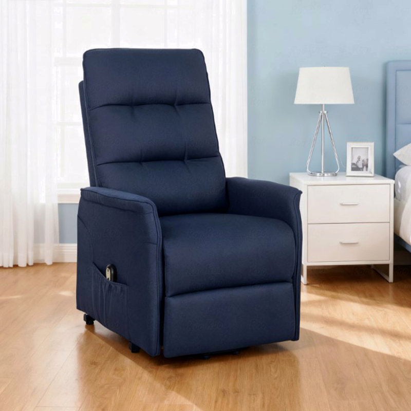 Canapé en tissu recouvert de tissu inclinable avec télécommande, avec fauteuil à fonction électrique, poches latérales, Bleu
