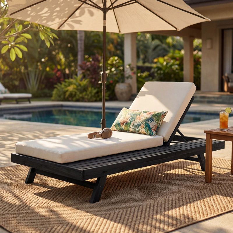 Méridienne d'extérieur en bois, coussin crème hydrofuge, base à lattes pour la circulation de l'air, inclinaison à 4 positions, salon réglable avec inclinable, courbe ergonomique,
