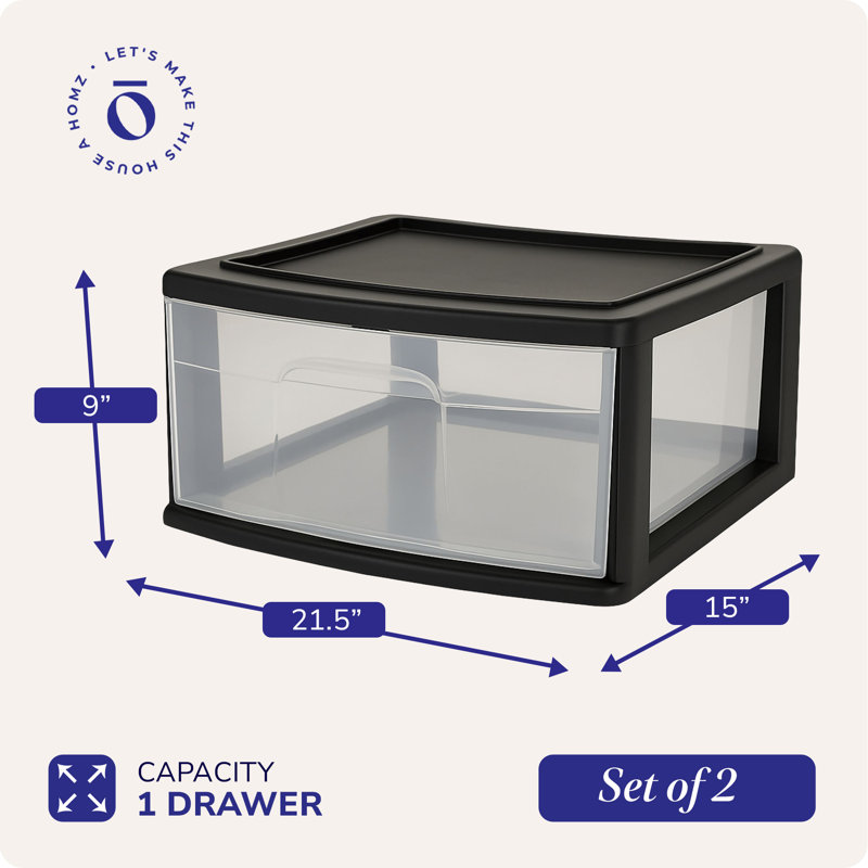 Homz Plastic 1 Drawer Wide Storage Cart, Black Frame with Clear Drawer, 2 Pack, Wide Body, Black frame with clear drawers
