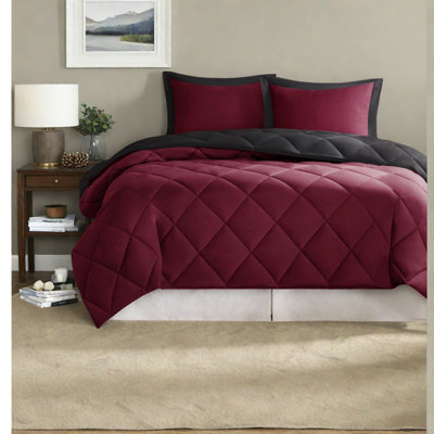 Ensemble de literie réversible matelassé à motif de losanges, édredon en microfibre et taies décoratives, rouge et noir - Double / grand