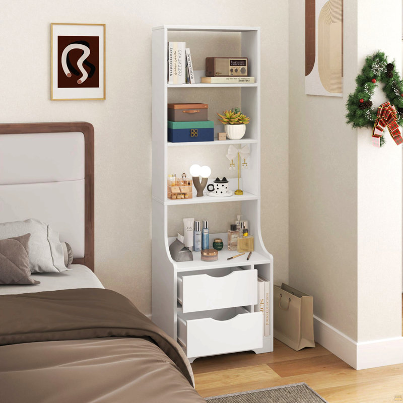 Table de chevet avec bibliothèque, table de chevet avec 2 tiroirs de rangement, Blanc