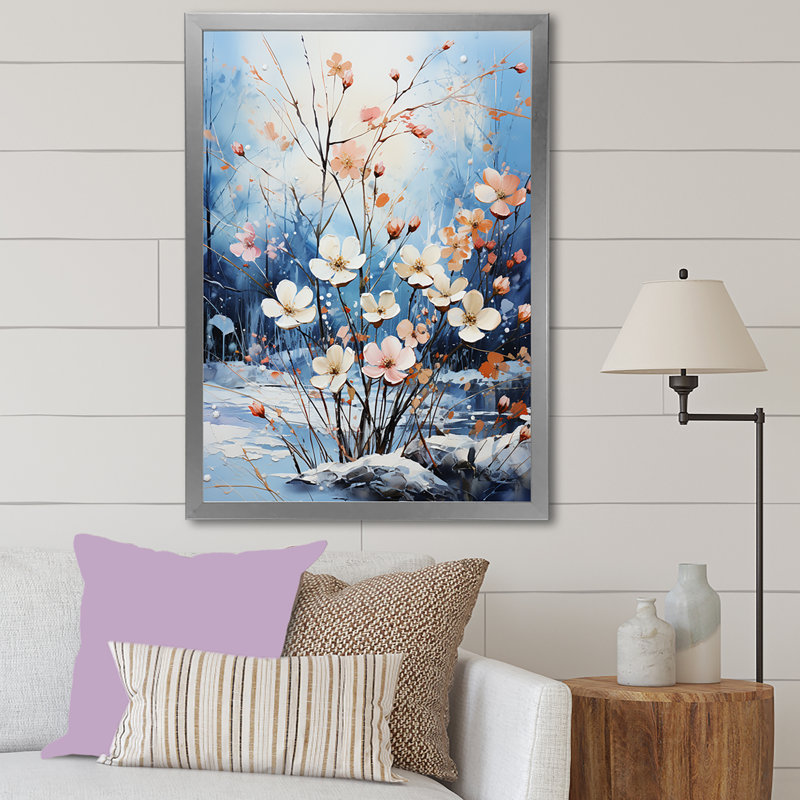 Bouquet de fleurs de neige en harmonie, Cadre simple argenté, H 44 po x l 34 po x P 1,5 po