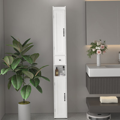 67.51" Tall Bathroom Storage Cabinet With Adjustable Shelves,Slim 2 Doors Freestanding Cabinet With Anti-Tip, Open Compartments, For Home, Small Spaces, Bathroom,Kitchen, Living Room, White