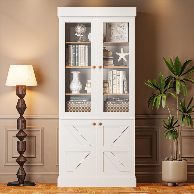 Hazeghi Double Glass Doors and Four Layers of Adjustable Shelving &Bookcase, White