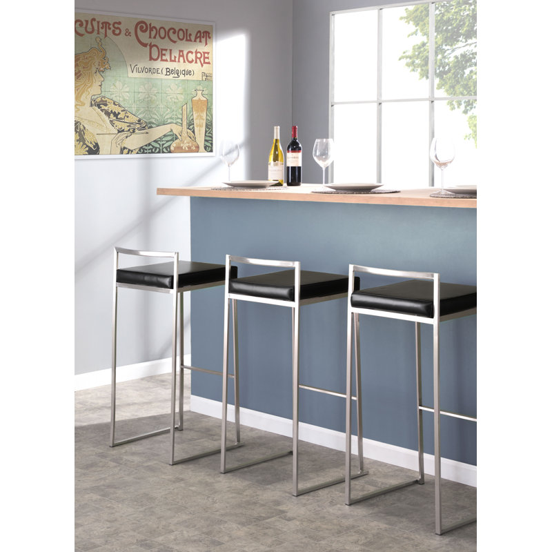 Tabouret de bar et de comptoir Brieon, Similicuir noir, Acier Inoxydable, Tabouret de bar (siège d'une hauteur de 31 po)