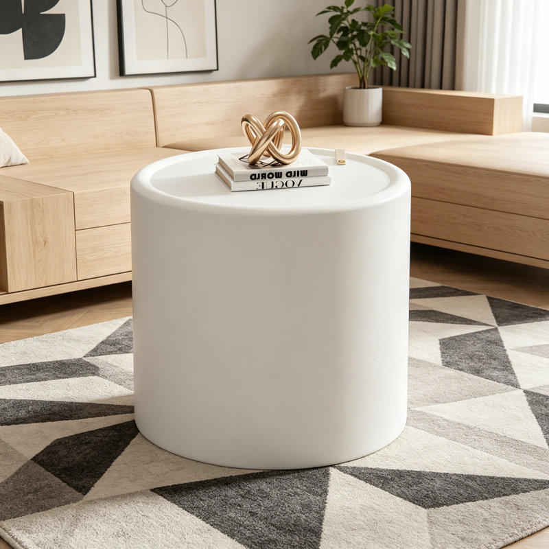 Table basse ronde avec plateau en verre trempé et rangement caché, Cream White