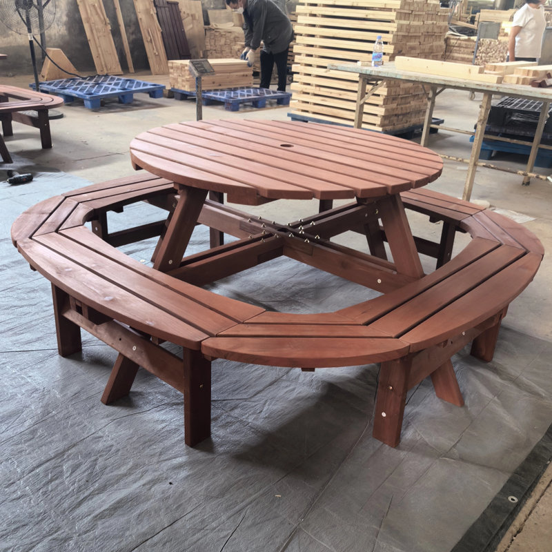 12 - Person Outdoor Round Picnic Table, Solid Wood Patio Dining Set, Stable Structure, DIY With Umbrella Hole