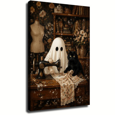 Vintage Ghost Sewing With Black Cat Old Sewing Machine Canvas Wall Art, Dark Floral Cottage Halloween Wall Decoration