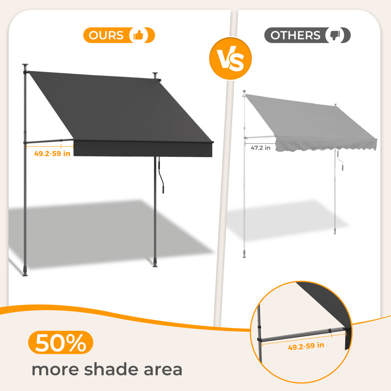 HOMEDEMO Manual Retractable Awning, 98"W x 118"H Retractable Side Bar 47-59", NO Drilling Awings for Backyard Garden Porch Outside Carbon gray