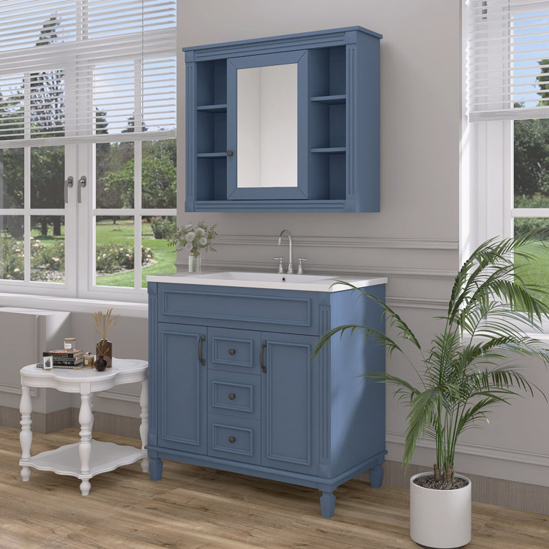 Meuble-lavabo simple avec plateau en céramique Shaianna, Bleu