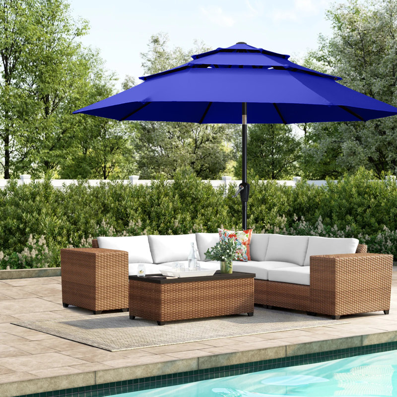 Parasols de patio à 3 niveaux Miqdad par Arlmont & Co., H 100,4 po x l 132 po x P 132 po, Bleu