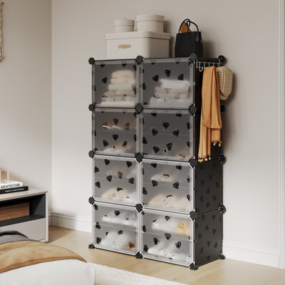 Armoire de rangement modulaire à 8 cubes pour chaussures, organisateur de chaussures en plastique rose avec portes à imprimé diamant, étagère à chaussures empilable avec crochets latéraux pour vestibule, placard, chambre à coucher