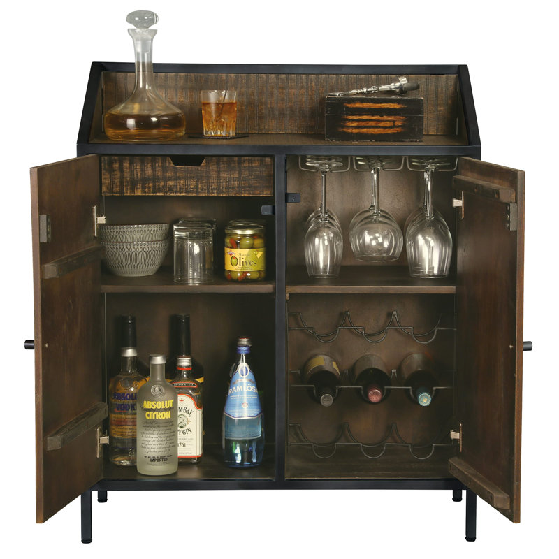 Vintage Charcoal Gray & Dark Brown Wine Bar Console with Storage
