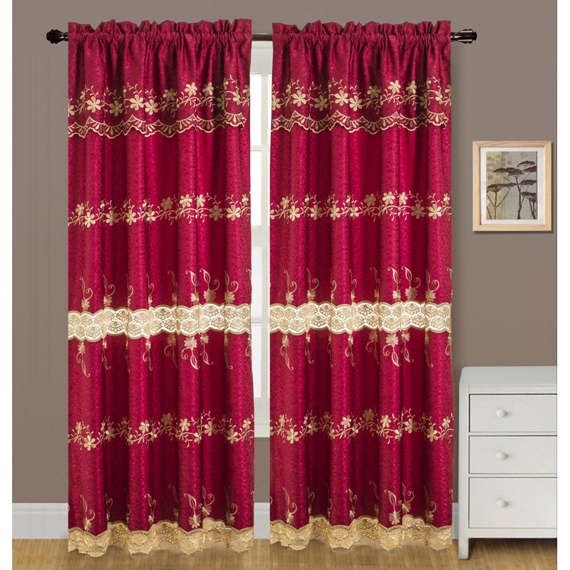 Brennan Macrame Floral Semi-Sheer Rod Pocket Single Window Curtain Panel , Burgundy