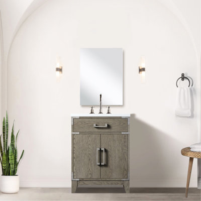 Meuble-lavabo en chêne gris de 61 cm (L) x 46 cm (P), avec miroir de 46 cm et robinet inclus. Comptoir scellé.