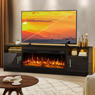 70" Fireplace TV Stand with 36" Electric Fireplace, LED Light Entertainment Center with Storage Cabinet for TVs up to 80 inch, Media TV Console with High Gloss Storage Cabinet