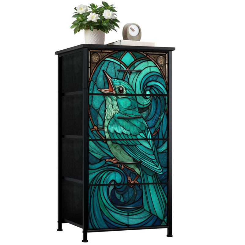 Commode en vitrail pour la chambre à coucher avec 4 tiroirs de rangement Panneau de vitrail gothique éclatant bleu sarcelle Commode à commode en acier