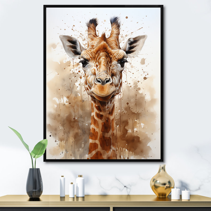 Girafe en sable brun - imprimé, Cadre flottant noir, H 40 po x l 30 po x P 1,5 po