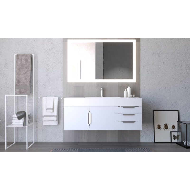 48" Wall Mounted Single Bathroom Vanity With Solid Surface Vanity Top - White Base, White Top, Brushed Nickel Handles, White