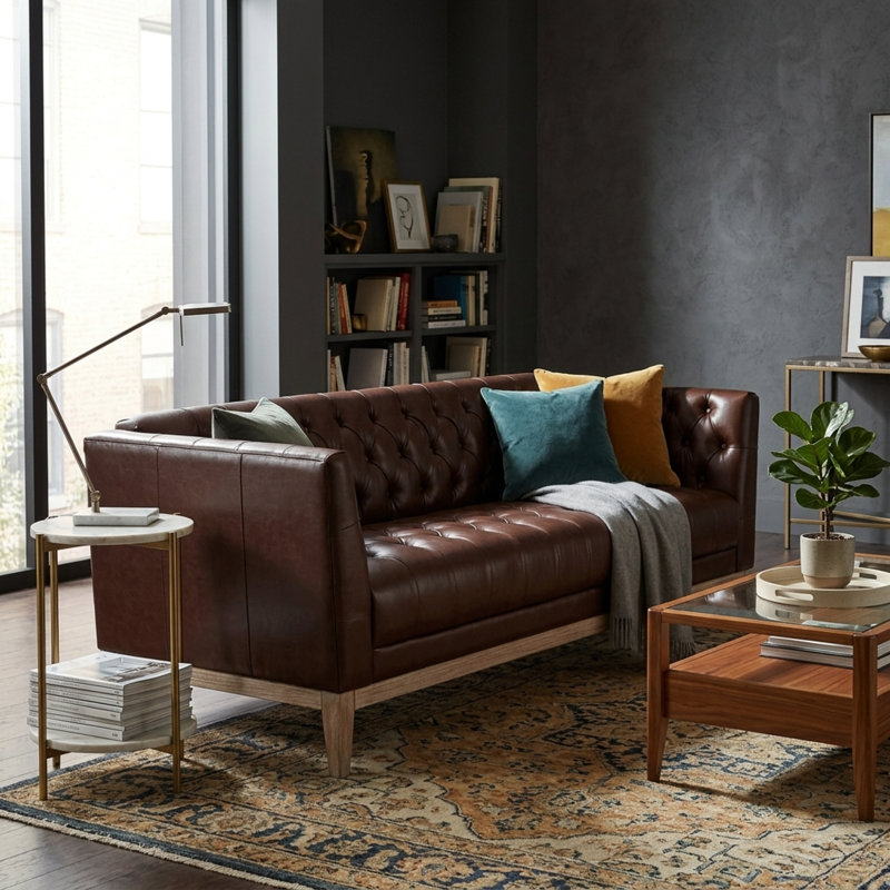 Canapé Chesterfield moderne et spacieux 3 places, 201 cm (79,1 pouces), en cuir PU brun, pour la maison, Brun