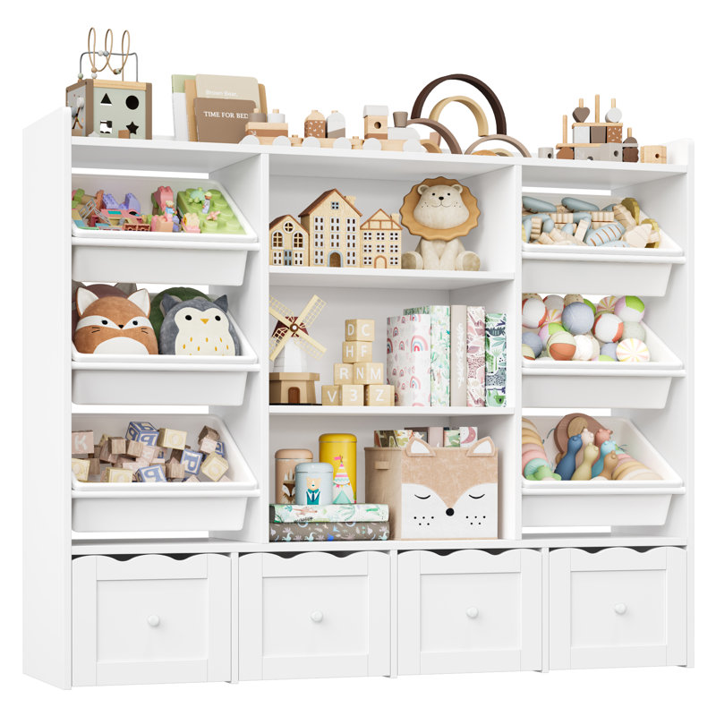 🧸 55"W x 48"H Multi-Functional Kids Organizer: 4-Drawer Toy Storage & Bookshelf with 6 Removable Bins, White
