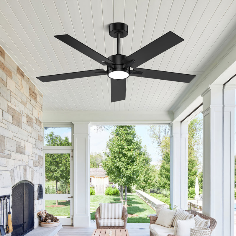 Cirina 52" 5 - Blade Modern Industrial Ceiling Fan with LED Lights and Remote Control, Matte Black, 52" Wide