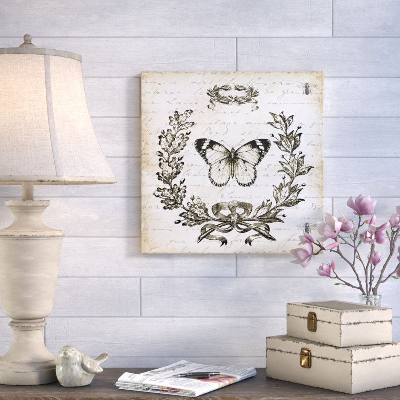 « french laurel couronne : papillon », reproduction d’impression sur toile tendue, H 18 po x l 18 po