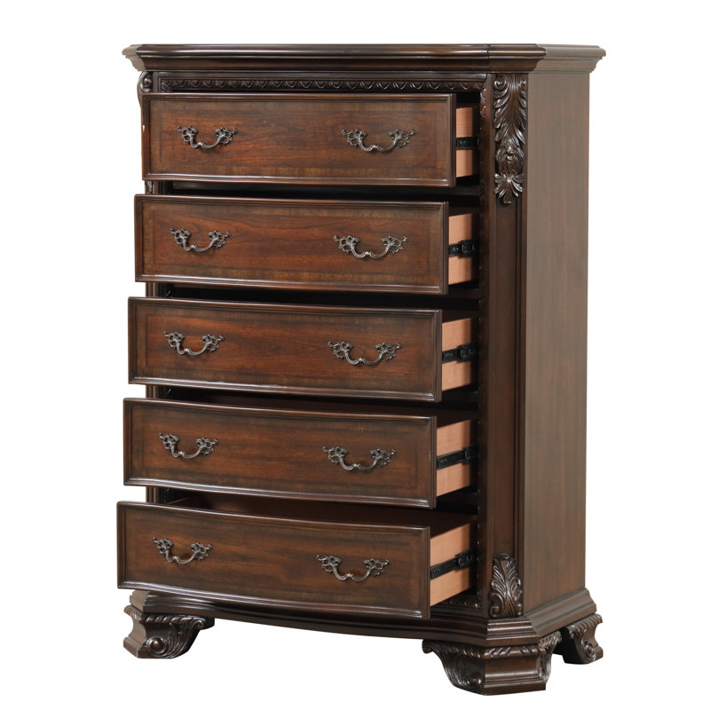 Commode à 5 tiroirs de style traditionnel avec poignées de tiroir en métal en bois de noyer