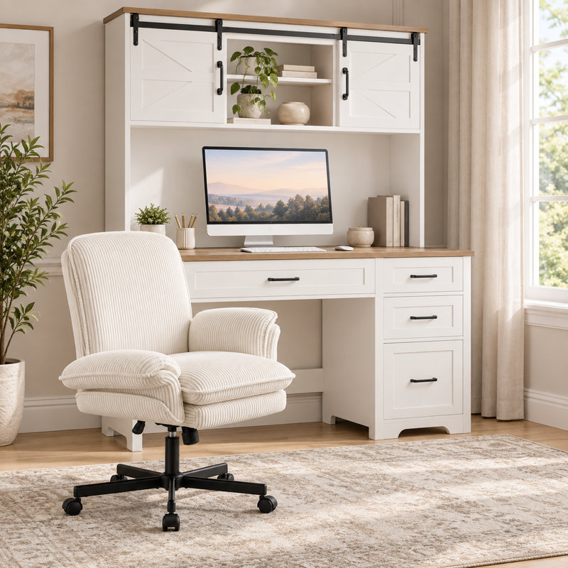 Writing Desk Office Set with Chair, Beige/White