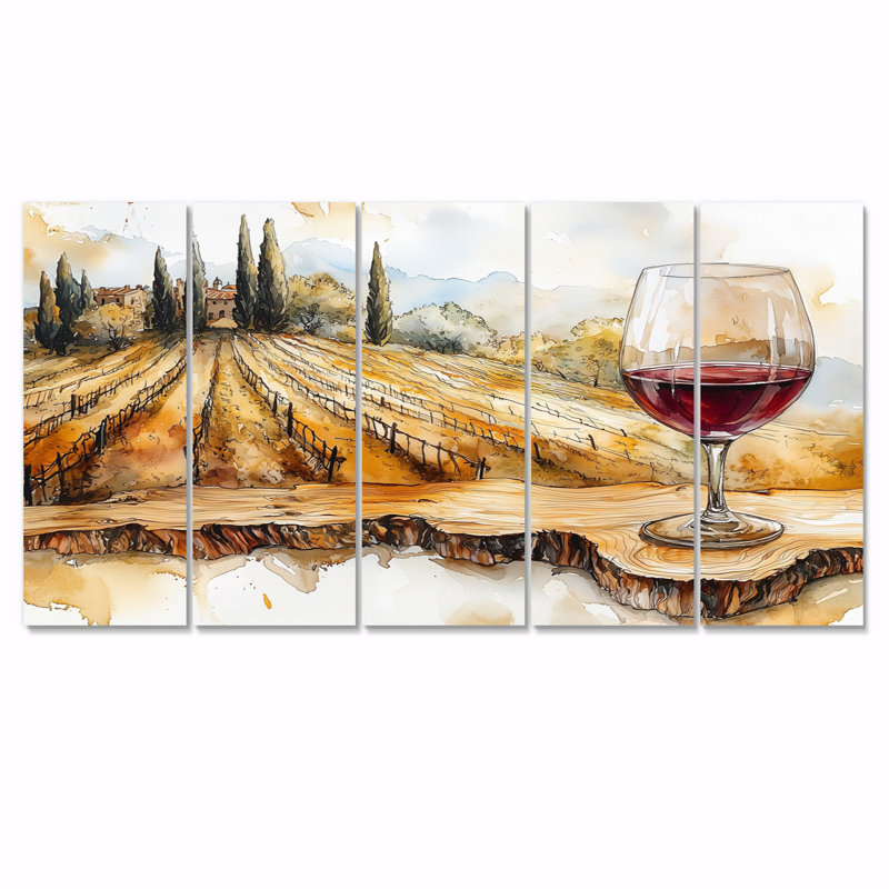 Vignoble avec verre de vin en Provence paysage I - décoration murale vignoble - art mural traditionnel 5 pièces