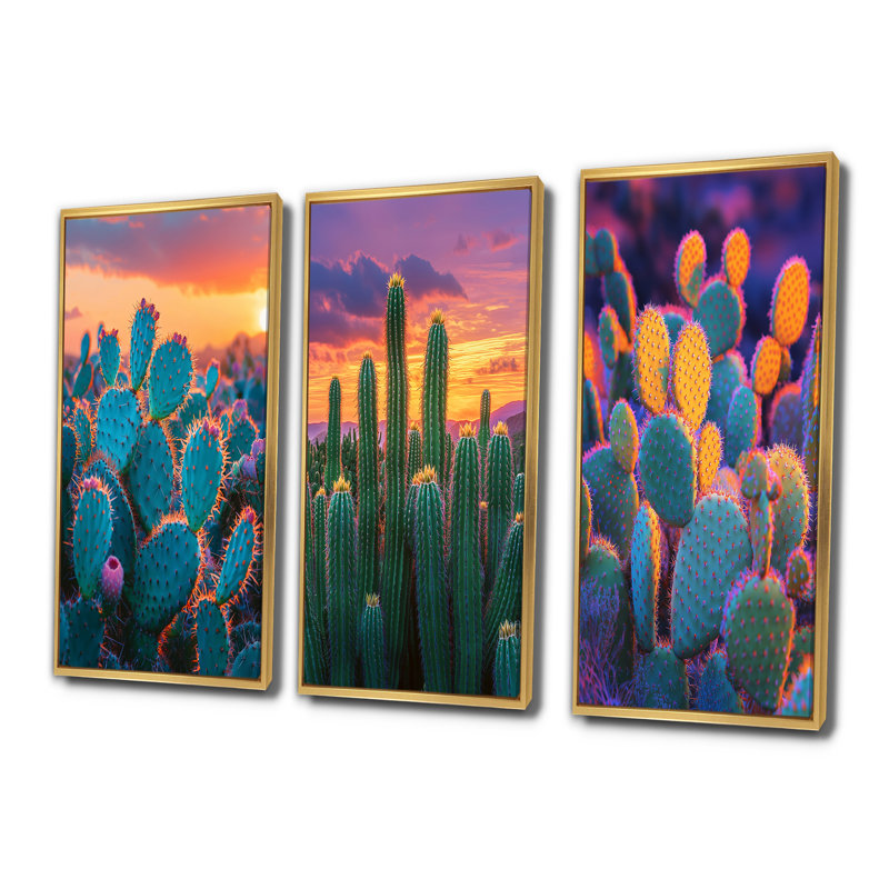 Jardin de cactus au coucher du soleil au Mexique I - ensemble de 3 art mural floral cactus, H 40 po x l 60 po, Doré