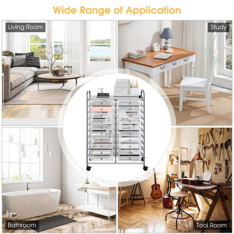 Clear 20-Drawer Rolling Organizer Cart with Chrome Frame