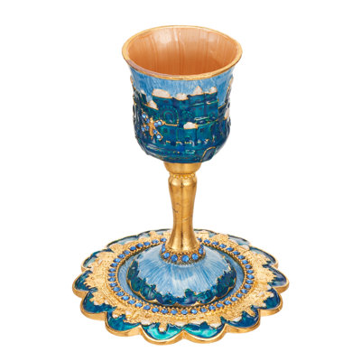 Ensemble de grandes tasses de kiddouch en émail peintes à la main Matashi de 5 po avec tige et plateau agrémentés de cristaux de haute qualité et d'un paysage urbain de Jérusalem, pour les mariages, le Shabbat, la Havdalah, le gobelet de la Pâque,
