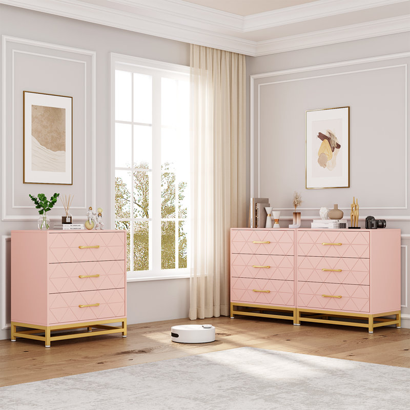 Commode 3 tiroirs pour chambre à coucher, commode en bois avec poignées en métal, mobilier de chambre compact, Rose
