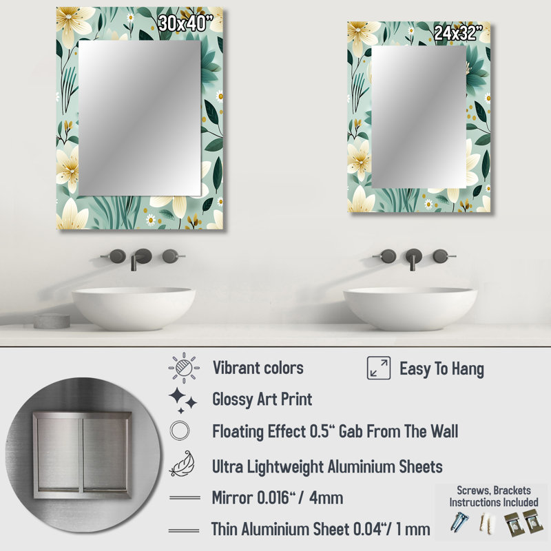 Astraya Vintage Romance Green Marvel Blooms - grand miroir floral, décor de miroir mural unique Cottage, impression d'art en métal