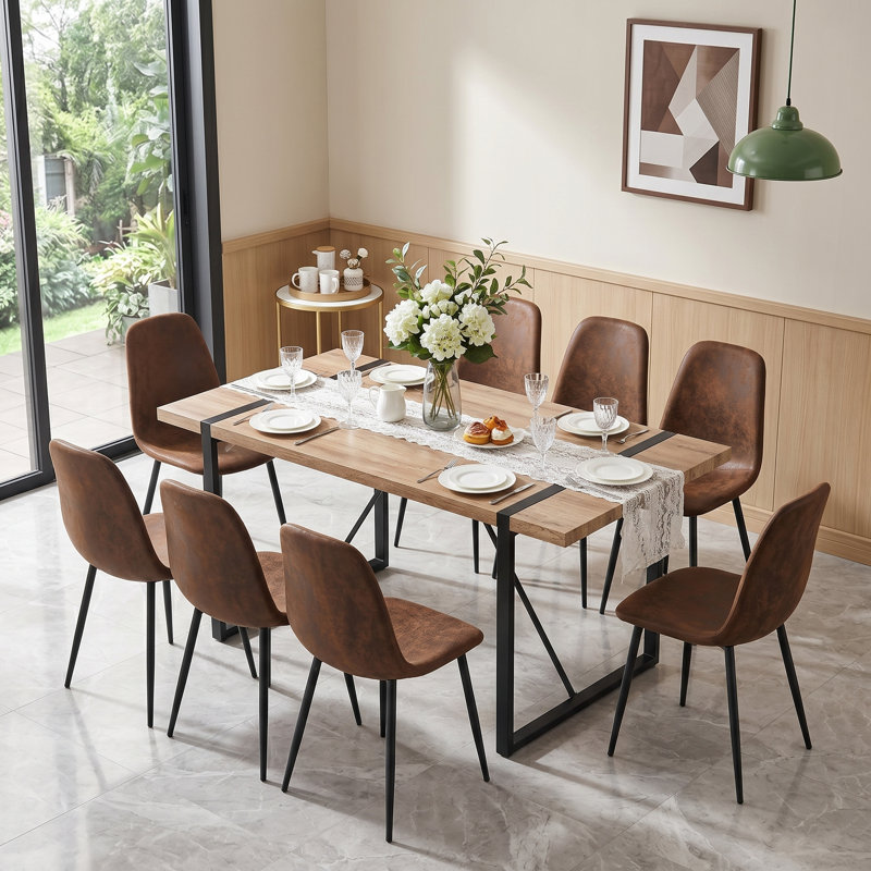 Ensemble de table de salle à manger 9 pièces moderne en placage de bois industriel avec chaises d'appoint rembourrées, Brun