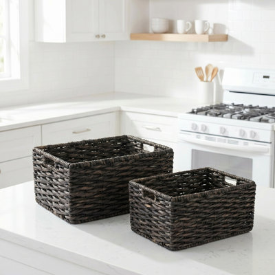 Ensemble de 2 paniers rectangulaires en osier tordu à la main - bacs de rangement et d'organisation gigognes en jacinthe de mer avec poignées