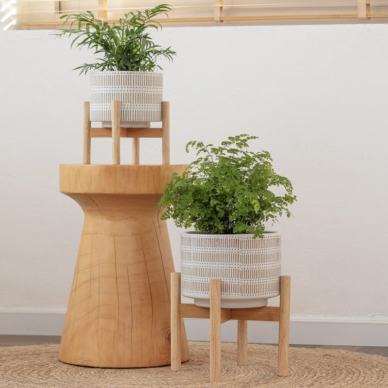 Pot de fleurs en céramique pour plantes, pot d'intérieur de 18,5 cm avec support, Beige and White