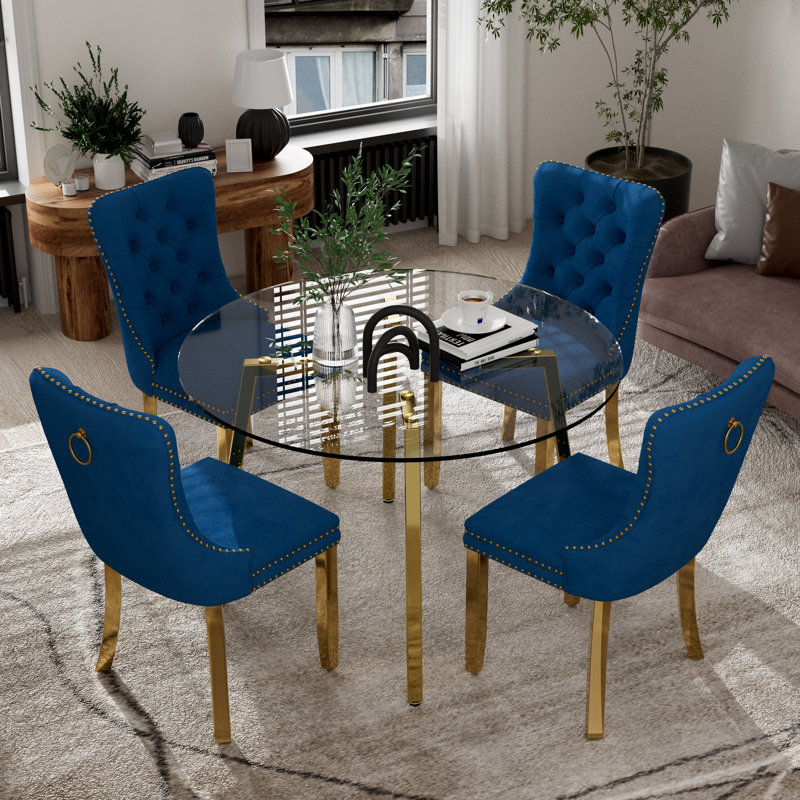Ensemble de table de salle à manger ronde en verre, Bleu, Doré, 5