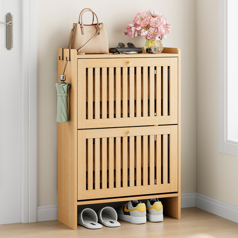 Armoire à chaussures 12 paires avec 2 tiroirs rabattables et tablettes réglables, Bois naturel