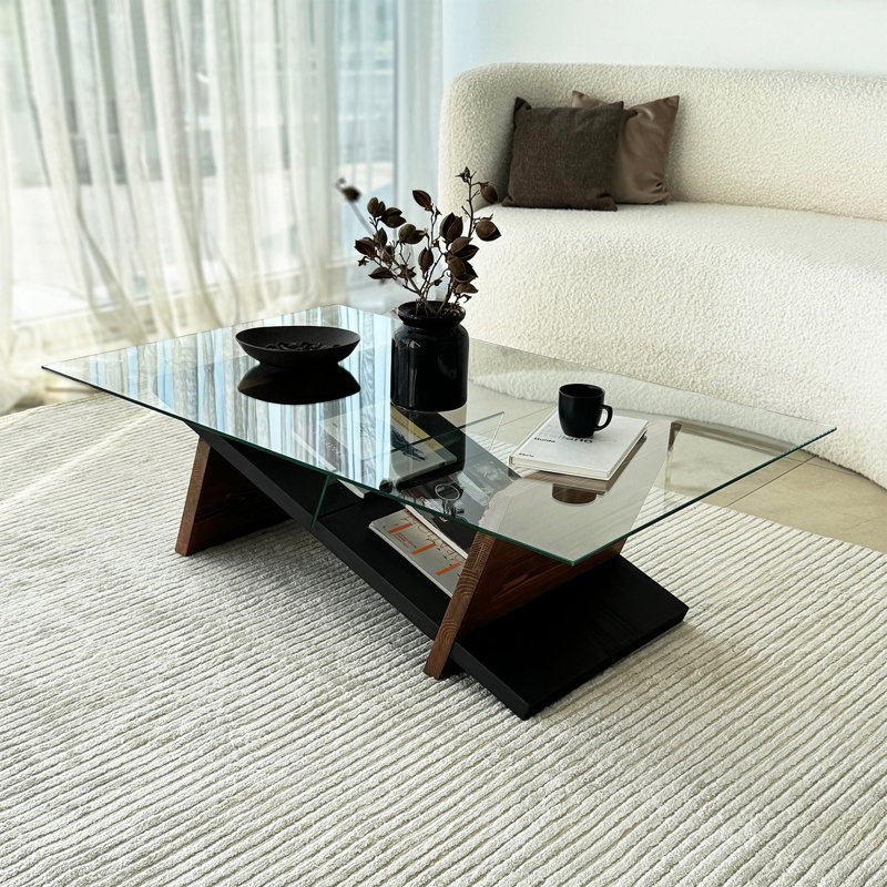 Table basse moderne avec plateau 100% verre trempé et structure en bois de pin massif, finition noire et châtaignier, 41,3 po x 12,2 po x 25,6 po | Design élégant pour le salon et le bureau, meubles durables et élégants