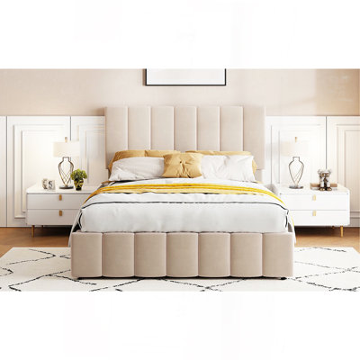 Full Size Upholstered Platform Bed With A Hydraulic Storage System - Beige