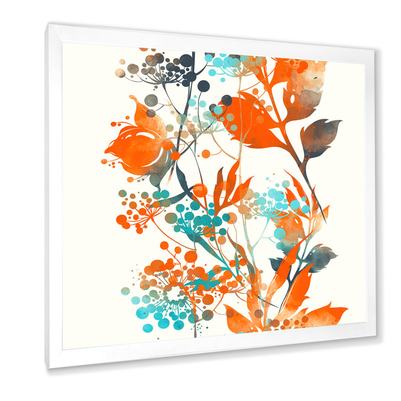 Fleurs vertes et orange III - Peinture sur toile, H 16 po x l 16 po x P 1 po, Cadre photo blanc
