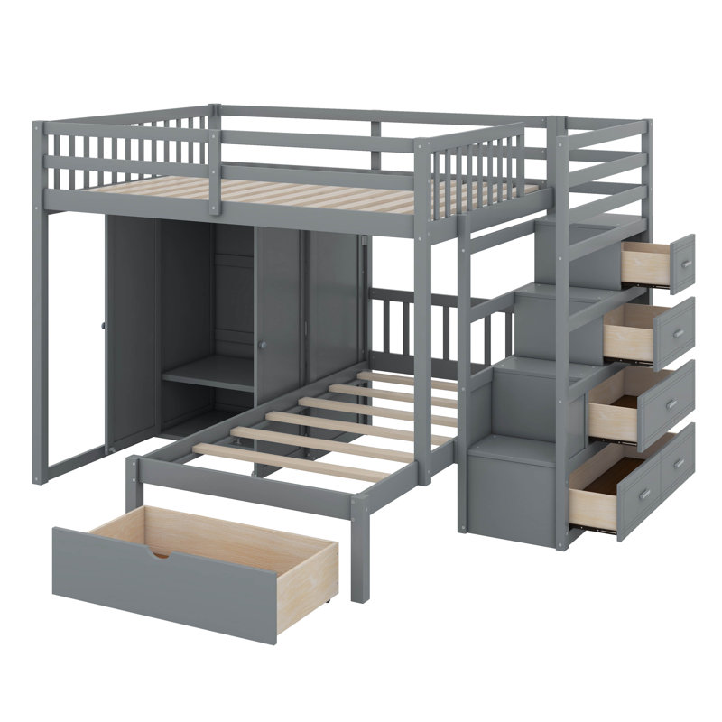 Jeroline Full Over Twin Bunk Bed with Wardrobe, Drawers, Gray