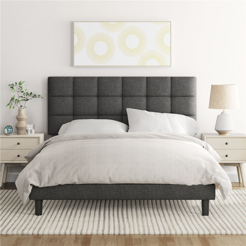 Size Modern Upholstered Bed Frame with Adjustable Square Tufted Headboard, Double (4'6), Dark Grey