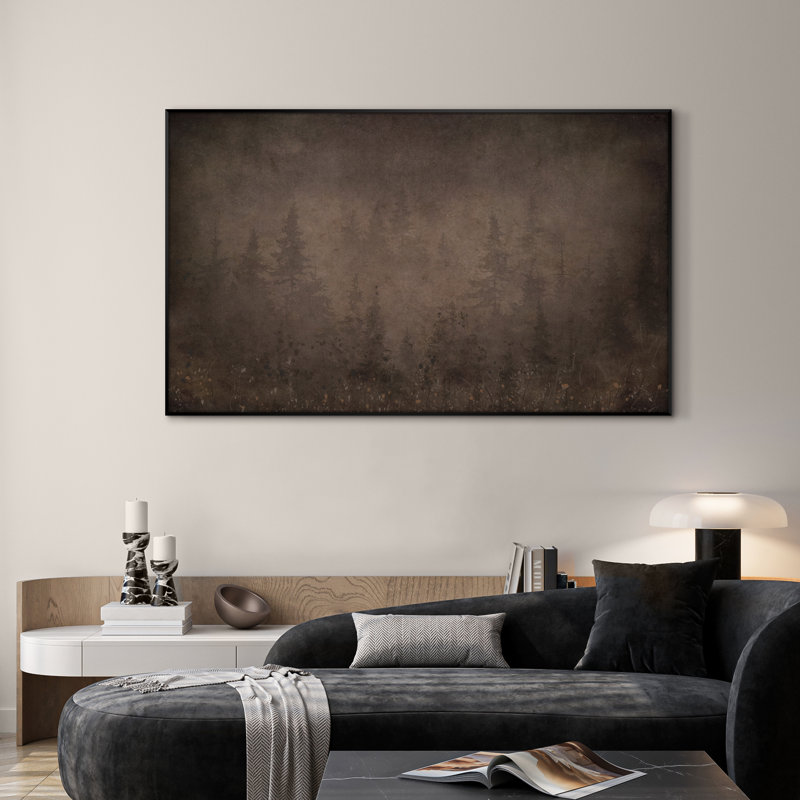 Très grande reproduction d'art sur toile - Silhouette d'arbre rustique forêt de pin foncé avec fond brumeux, décoration pour le salon ou la chambre à coucher